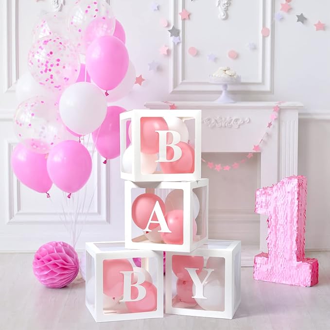 Baby Boxes with Letters, 4 Transparent Balloon for Gender Reveal Birthday Wedding Baby Shower Decorations (White)