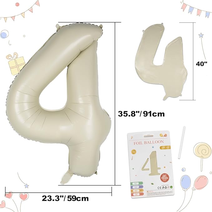 40in Birthday Big Number Balloon - CARGEN Giant Foil Balloons for Women Men Birthday Party Wedding Anniversary Supplies Decorations, Creamy White Four, No.4