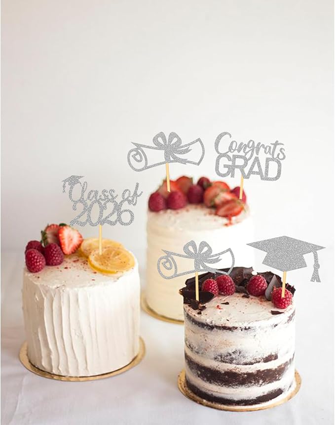 2026 Graduation Theme Cupcake Toppers Glitter Class of 2025 Graduation Cap Diploma Cupcake Picks - Set of 24 (Silver2)