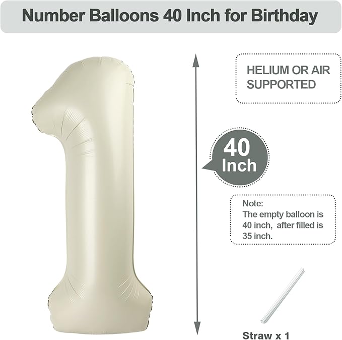 Number Balloons 40 Inch, Cream Balloons for Birthday Party Decoration, Foil Number 1 Ballon for 1, 10, 11, 100 Celebration, Boy and Girl Birthday, Baby Shower, Anniversary Decor