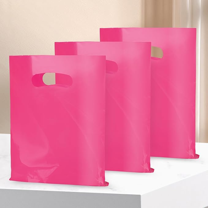 Hot Pink 100 PCS Small Gift Bags, 6"x8" Goodie Party Favor Bags with Handle, Treat Retail Pouches for Kids Birthday, Christmas, Small Business