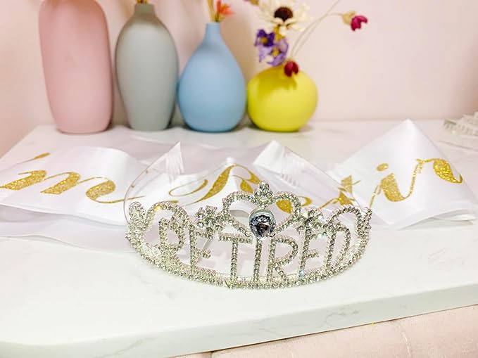 JETKONG Retirement Party Decorations Retired Tiara/Crown, Retired Sash for Women Retirement Gifts, Retirement Party Supplies, Gifts, Favors (Silver)