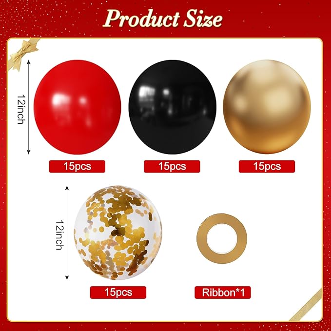 Red Black Gold Balloons, 60Pcs 12Inch Red and Black Gold Balloons with Gold Confetti Balloons for Graduation New Year Casino Movies Night Birthday Party Decorations