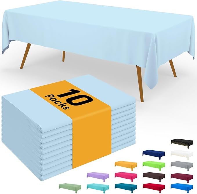 Smiry Disposable Table Cloth - 10 Pack, 54 x 108 Inch Waterproof Rectangle Tablecloths for Parties, Decorative Plastic Table Cover, Leakproof & Sturdy, Baby Blue