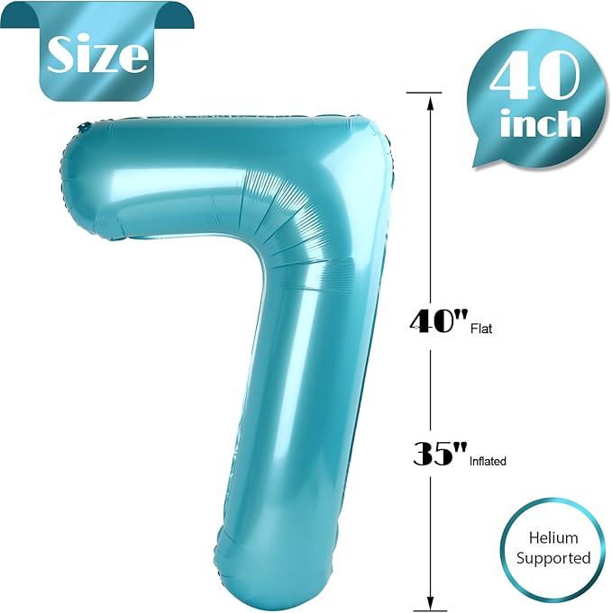 Pearlescent Blue Number 7 Balloon 40 Inch, 7 Balloon Number, 7th Birthday Decorations, Pearlescent Blue Party Supplies for Boys Girls