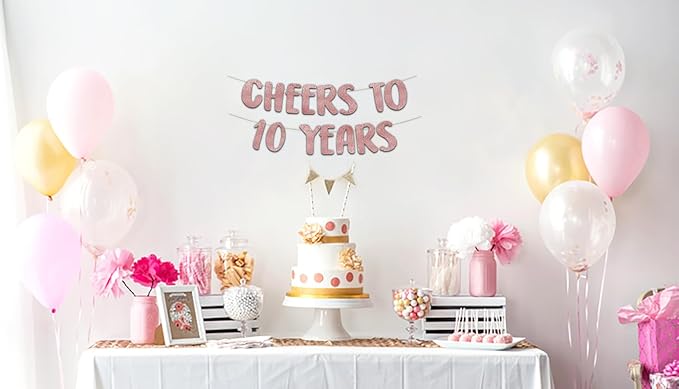 Pre-Strung Cheers to 10 Years Rose Gold Glitter Banner - 10th Birthday and Anniversary Decorations for Boys and Girls - Party Supplies and Gifts