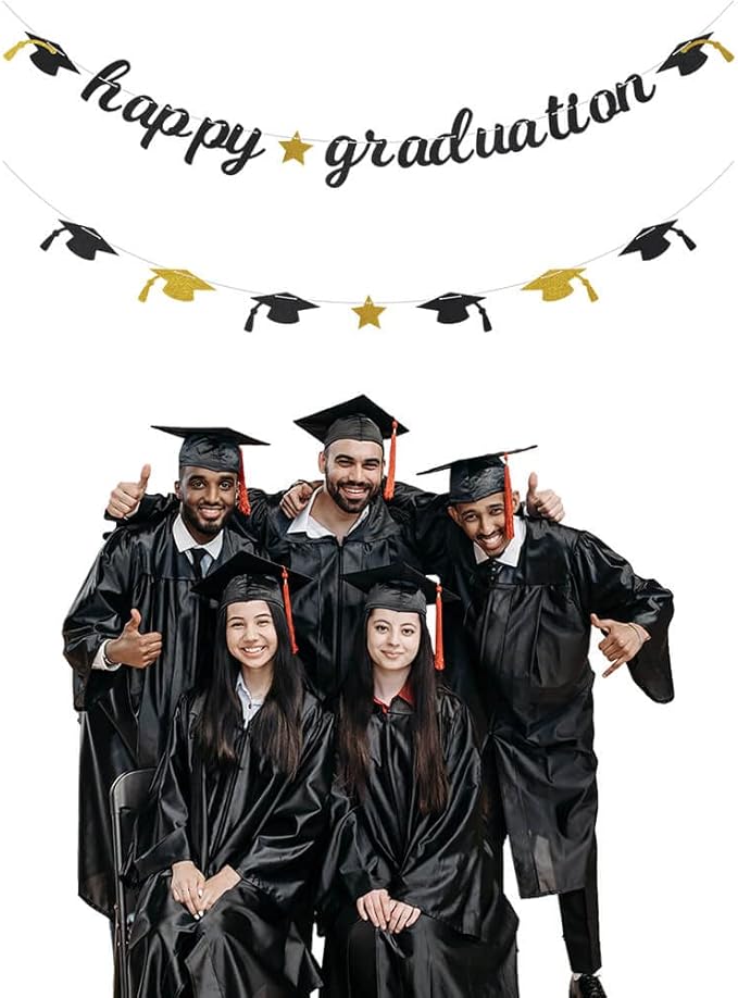 Happy Graduation Glitter Banner Graduation Congratulations Party Decorations Black Gold