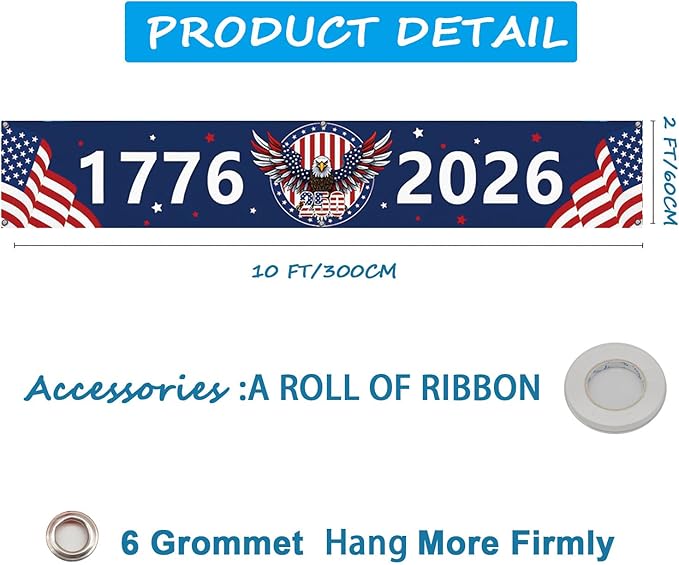 250 Year Anniversary USA Banner Flag 2x10 Ft, 4th of July Decorations 1776-2026 Freedom 250 Years Birthday Patriotic Party Supplies Decorations for Outdoor, Indoor,Garden, Porch (BLUE B)