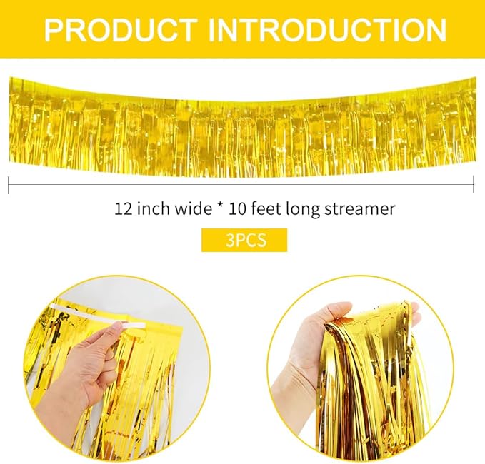 BEISHIDA 3 Packs 30 Feet Metallic Foil Fringe Garland Tinsel Streamers，Shiny Gold Wall Hanging Tinsel Fringe Banners for Wedding Birthday Party Decoration Halloween Christmas New Year