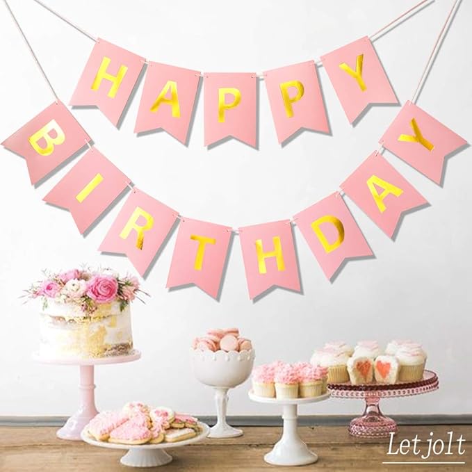 Pink Happy Birthday Banner Party Signs Golden Sparkle Funny Bunting Supplies Garland for Girls Party Decorations Nursery Hanging 13 Pieces