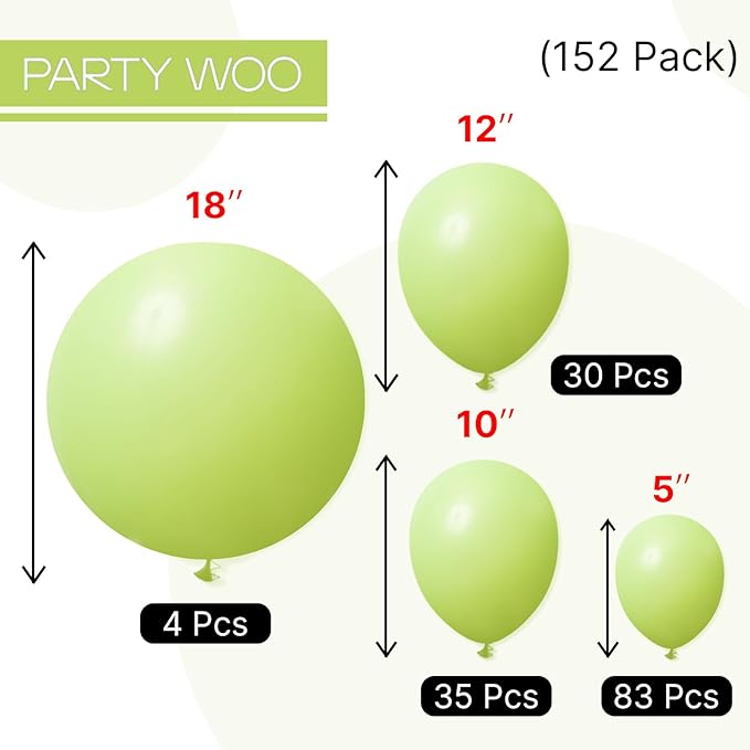 PartyWoo Lime Green Balloons 152pcs Different Sizes of 18 12 10 5 Inch Light Green Latex Balloon Arch Kit Garland for Wedding Birthday Dinosaur Jungle Golf Football Theme Party Decorations Green-Y6