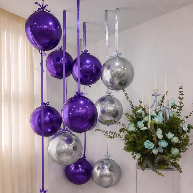 Togvu Purple Silver Round Foil Balloons, 16PCS Different Sizes 4D Metallic Balloon Large Sphere Mirror Ball Balloons for Prom Graduation New Year Birthday Party Ceiling Decorations Supplies