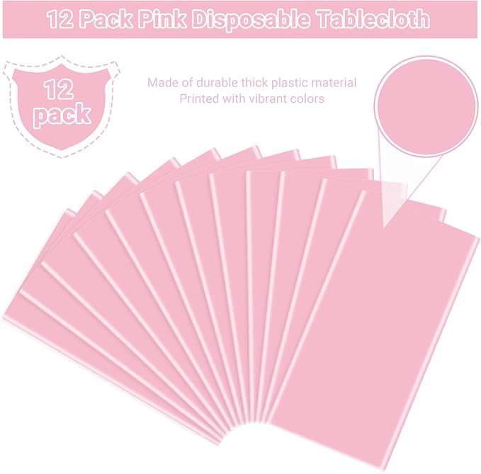 MRJ 12 Packs Pink Plastic Tablecloths 54x108 Inch, Disposable Rectangle Table Cover for Birthday Baby Shower Tea Party Decorations