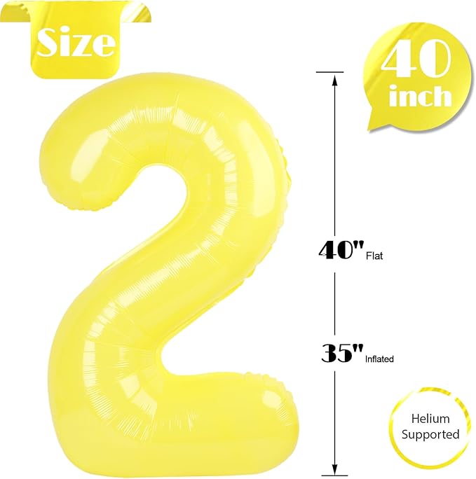 Yellow Number 2 Balloon 40 Inch, 2 Balloon Number, 2nd Birthday Decorations for Baby Girls Boys Toddlers