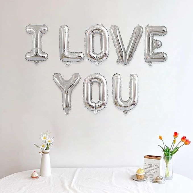 2 Set 16Pcs Silver I LOVE YOU Letter Balloons 16in Balloon Foil Letter Decorations Party Decor Silver Letter Balloons I LOVE YOU Party Supplies