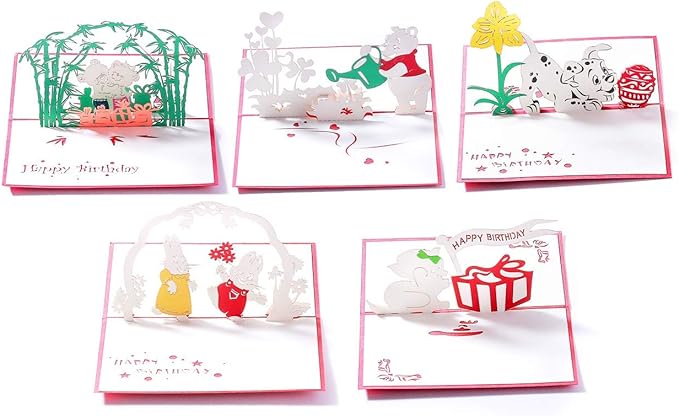 3D Birthday Pop-Up Cards- Cat, Dog, Bear, Rabbit. Cute for Girls & Boys (5 Pack)