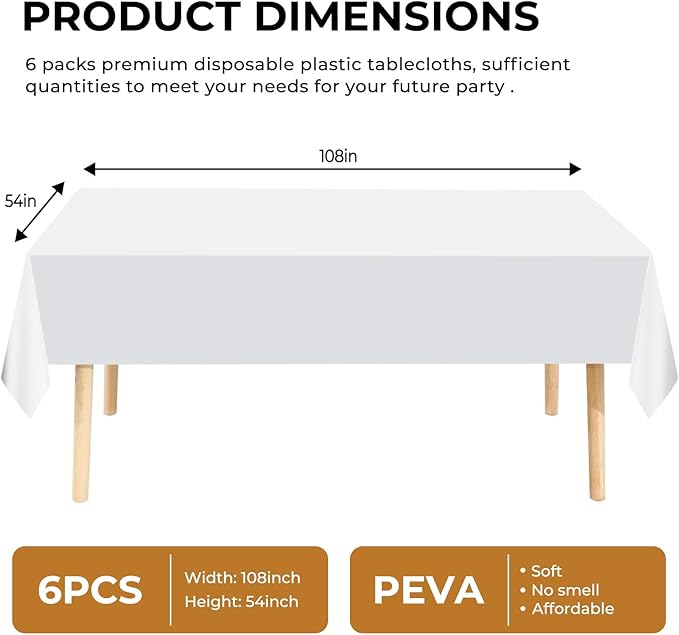 6 Pack Premium Disposable Plastic Tablecloth 54" x 108" Party Table Cloths Disposable for 6 to 8 Foot Tables Indoor or Outdoor Parties Birthdays Weddings Christmas Anniversary Buffet Table (White)