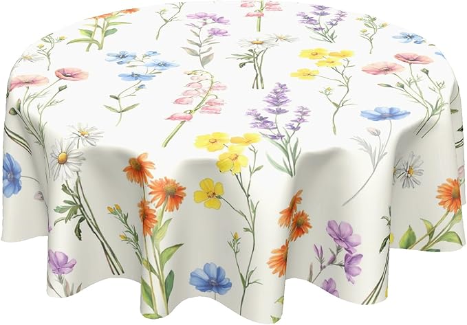 Spring Round Tablecloth Floral Circle Table Cloth 60 Inch Farmhouse Summer Wildflower Table Cover Washable Polyester for Home Kitchen Dinning Holiday Party Decor