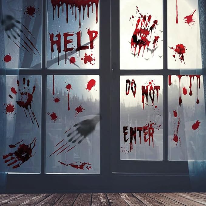 Halloween Decorations Set Bloody Backdrop Banner + Ghost Shadow Blood Footprint Handprint Floor Cling Decal for Bloody Party Spooky Zombie Vampire Party Supply Garage Yard Outdoor Indoor Decor