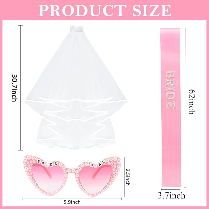 Bride to Be Set: Pearl-Trimmed Heart Sunglasses, Pearl BRIDE Sash & Tulle Veil - Bachelorette Party Bridal Accessories