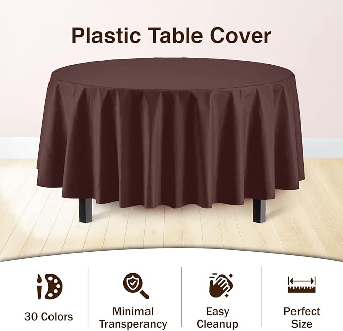 Exquisite Party Solids 6-Pack Premium Plastic Tablecloth 84in. Round Plastic Table Cover - Brown