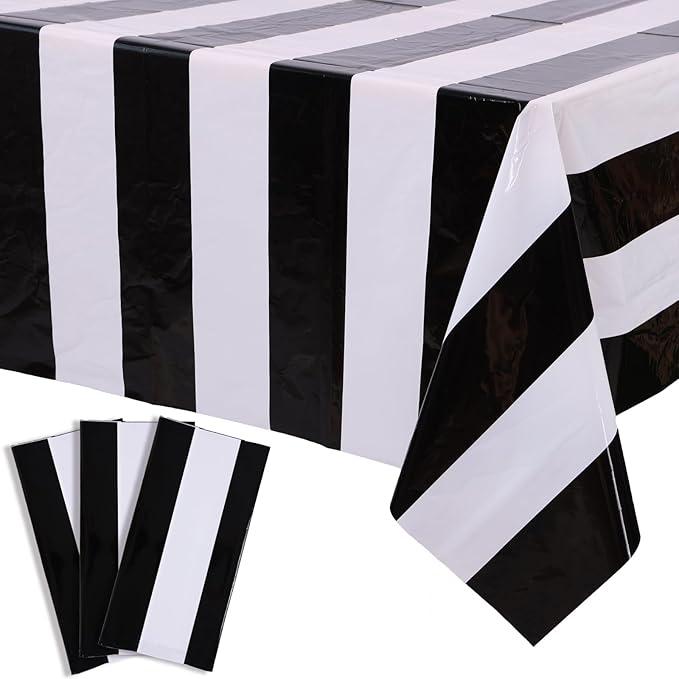 Kesfey 3 Packs Black and White Horizontal Striped Table Cloth 54 x 108 Inch Classic Black Stripe Tablecloths Disposable Plastic Stripe Table Covers Waterproof Picnic Tablecover for Halloween Party