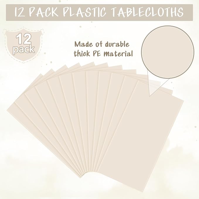 12Pcs Beige Tablecloths for Rectangle Tables,Disposable Plastic Ivory Table Cloth,Waterproof Cream Table Cover for Birthdays Weddings Anniversary Party Decorations,54 x 108 Inch