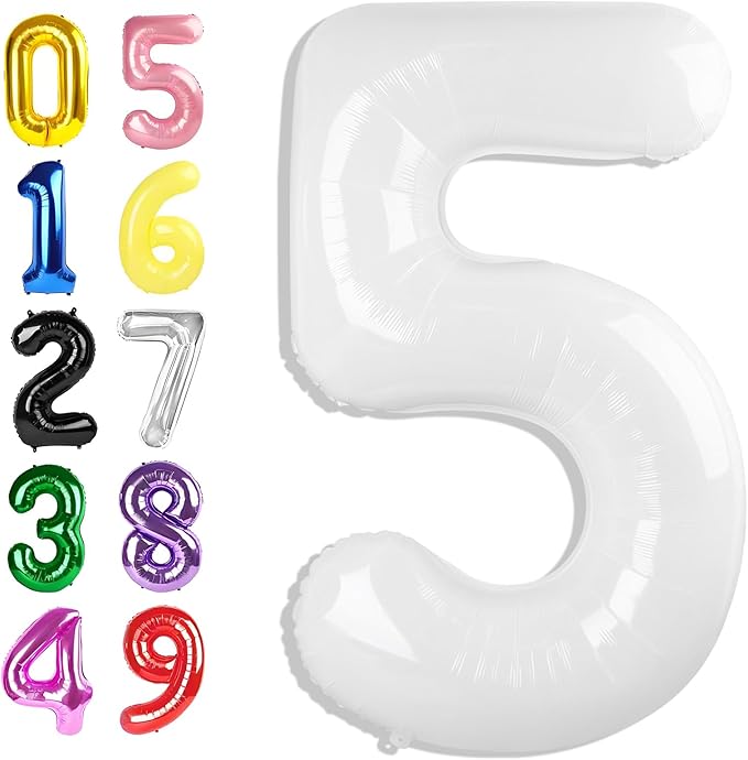 Balloons Number 5 40 Inch, 5 Birthday Balloon for Boys And Girls, White Numbers Balloon for 5, 15, 25, 50 Birthday Party Decoration, Anniversary, Wedding, Single Supplies
