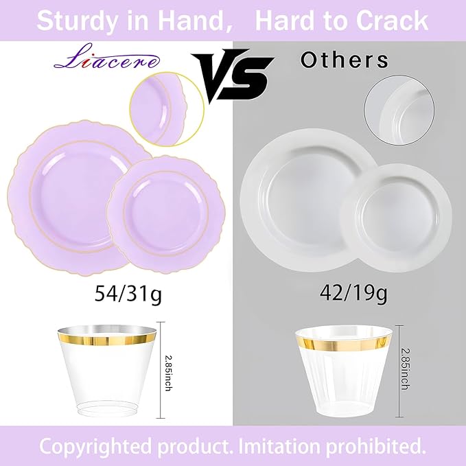 Liacere 350PCS Purple Plastic Plates - Disposable Lavender Plates 50guest Plastic Dinnerware include 100Light purple Plates,50Pack Pre Rolled Napkins Silverware 50Cups for Easter Day