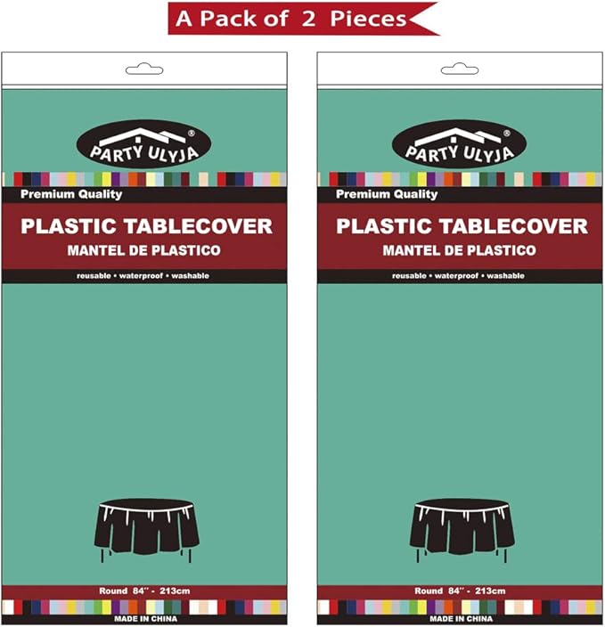 Teal Plastic Tablecloths 2 Pack Disposable Table Covers 84 Inch Circle Bridal Shower Party Tablecovers PEVA Vinyl Table Cloths for BBQ Picnic Birthday Wedding Banquet Parties 6 ft Round Table Use