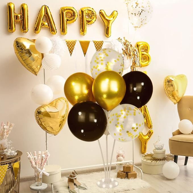 Ainiv 2 Set Table Balloon Stand Kit with Lights, Light Up Balloon Holder Include 16 Black Gold Latex Confetti Balloons, Graduation Party Decorations for Birthday, Weddings, Anniversary, Christmas