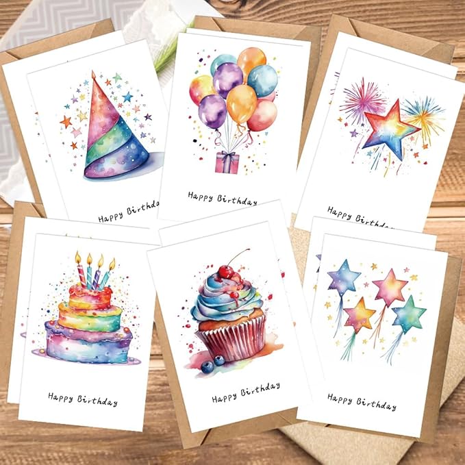 Birthday Cards Pack of 12,Birthday Cards Bulk for Women Men Kids Assorted Birthday Greeting Cards for Kids Assortment, 12 Card with Envelopes (Cartoon cake)
