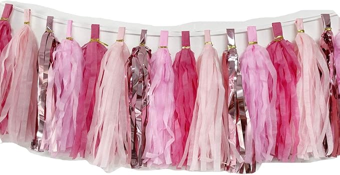 Tissue Paper Tassels Paper Tassel Garland Banner Table Decor Party Tassels Banner Wedding Birthday Baby Shower Nursey Party Decorations Supplies (20, Rose Gold+Pink+Rose Red+Lt-Pink)