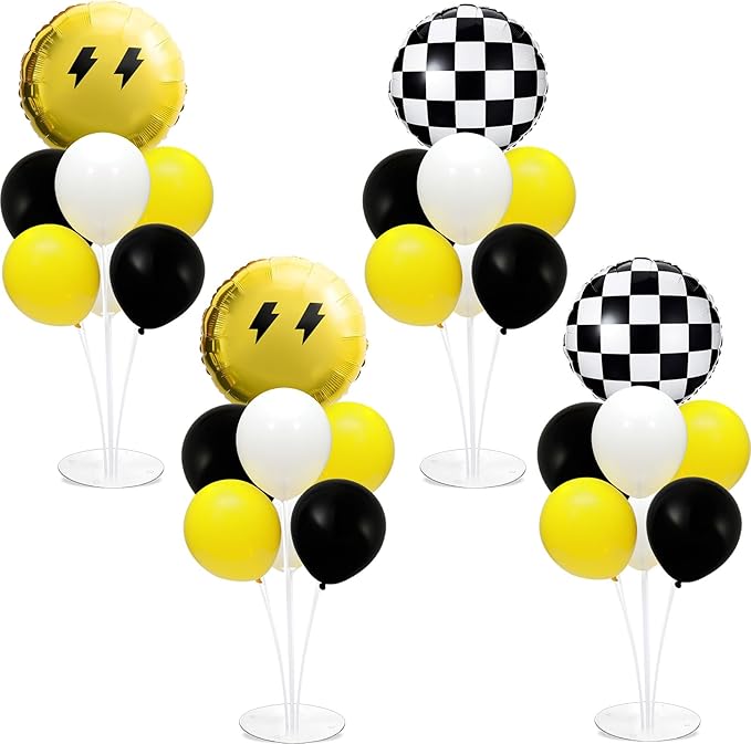4 Sets Smile Party Balloons Stand Kit with Black White Checkered Foil Balloons Yellow Smile Face Themed Birthday Balloon Centerpiece for Tables for Girls Boys Birthday Baby Shower Party Decoration