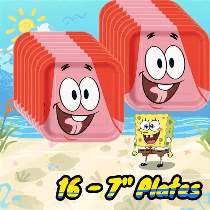 SpongeBob SquarePants Party Supplies Set, Square Plates in 9" and 7" sizes, Napkins, Tablecover with Confetti, Blue Yellow Theme, Serves 16 Guests at your Spongebob Birthday Party