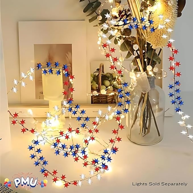 PMU 300 Ft Patriotic Star Garlands with Wire, Shiny Metallic Garland for 4th of July, National Day, Independence Day, Red, White and Blue (12pc-25Ft Each)