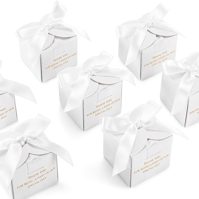 Marspark 50 Pcs Wedding Favor Boxes, 2.5 x 2.5 x 2.5 Inch Wedding Party Candy Boxes with Ribbons Bridal Gift for Guests Bridal Shower Birthday Party Anniversary Supplies(White)
