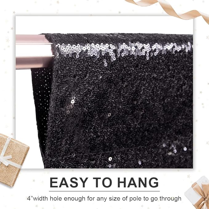 PartyDelight Black Sequin Backdrop 5x10ft 2 Panels - High Density 3mm Shimmer Sequin Background with 4-Inch Rod Pocket, Sparkly Photography Curtain for Prom, Gala, Stage & Event Decor