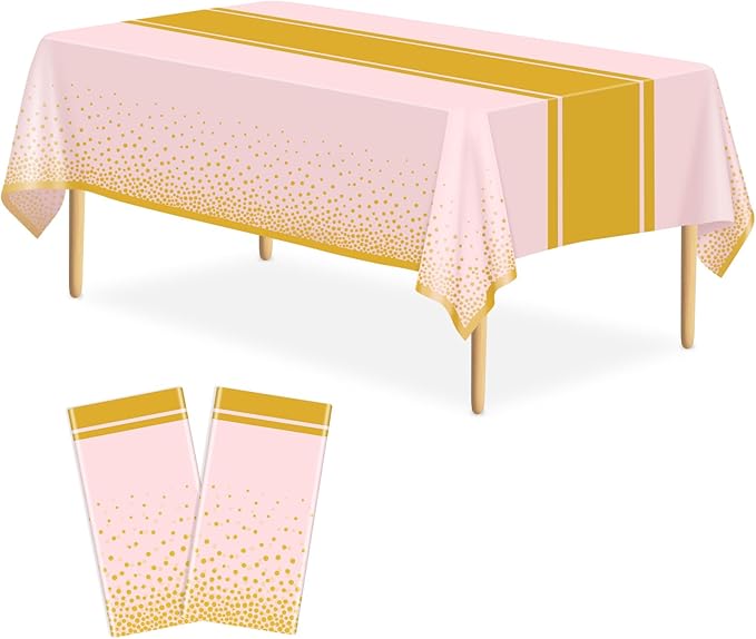 2 Pack Pink and Gold Tablecloth Party Decorations Plastic Pink Tablecloth Printed Gold Table Runner 54 x108 Inch Disposable Rectangle Table Cover for Birthday Wedding Graduation Anniversary