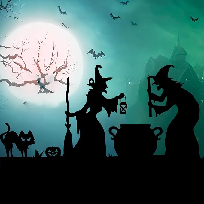 Large Halloween Witch Silhouette Decorations Outdoor, Witch Cutout Black Cat and Cauldron Set for Yard, Halloween Decor Outdoor, Scary Lawn and Party Decor, Waterproof & Easy to Install