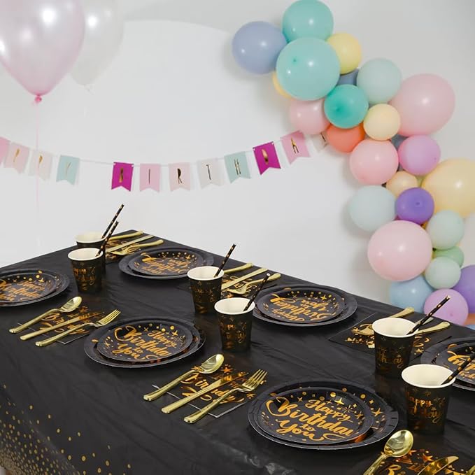 201 Pieces Birthday Plate Set, Birthday Decorations, Includes Paper Plates, Paper Cups, Straws, Napkins, Tablecloths, and Plastic Knives, Forks, and Spoons, Suitable for parties of 25 people!（Black）