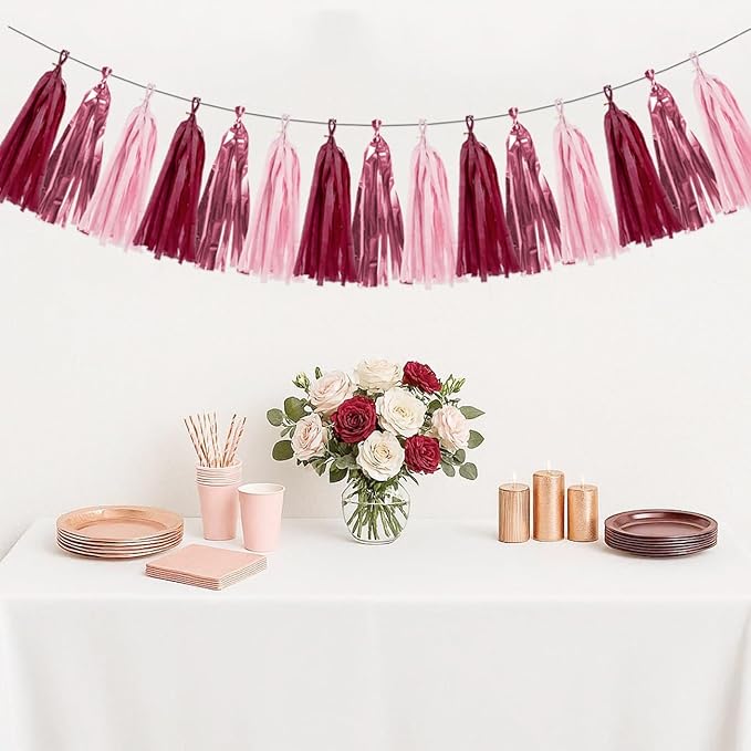 Rose-Gold Pink Burgundy Party Decorations - 15Pcs Tissue Paper Tassel Garland Birthday Decorations Valentines Day Decorations Baby Girl Shower Women Bridal Wedding Engagement Bachelorette HongTongTong