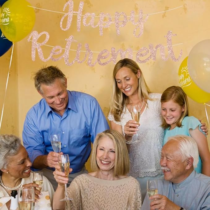 BEISHIDA Rose Gold Glitter Happy Retirement Banner - Pre-Strung, No DIY, Party Supplies for Women & Men