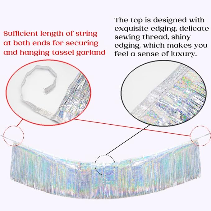 Premium Glitter Silver Fringe Tinsel Garland for Party Decorations -4 Layers Thick, 2 Pack | LILF Foil Metallic Banner Party Streamers for Wedding Birthday Christmas Decoration Home Hanging