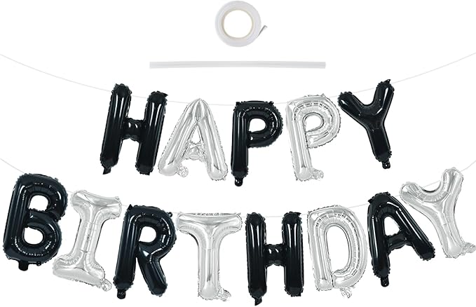 TONIFUL Happy Birthday Balloons Banner with Ribbon Straw, 16 Inch Mylar Letters Birthday Sign Banner Balloon Bunting Reusable for Girls Boys Kids & Adults Birthday Halloween Supplies（Black Silver）