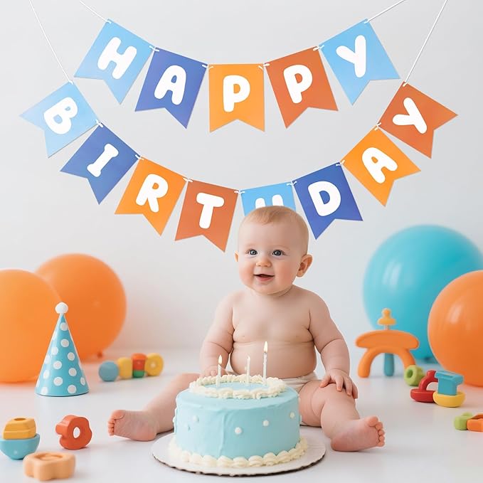 Blue and Orange Happy Birthday Banner Birthday Party Banner NO DIY Happy Birthday Sign Pre-Strung Birthday Decorations for Women Men Girl Boy Party Supplies (Blue and Orange)