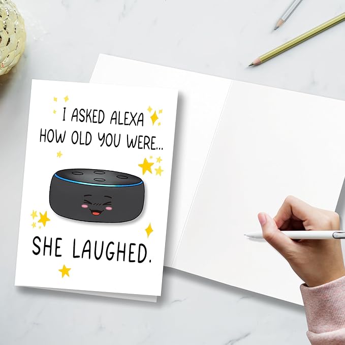 Funny Birthday Card for Men Women - "I Asked AI How Old You Were" Smart Speaker Joke - Sarcastic Getting Old Greeting Card for Dad, Husband, Mom, Sister, Best Friend - Witty Tech Humor Gift with Envelope