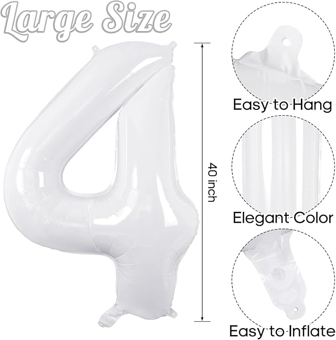 White Number Balloons 40 Inch Helium Mylar Number 4 Balloon for Birthday Party Anniversary Decoration (White, 4)