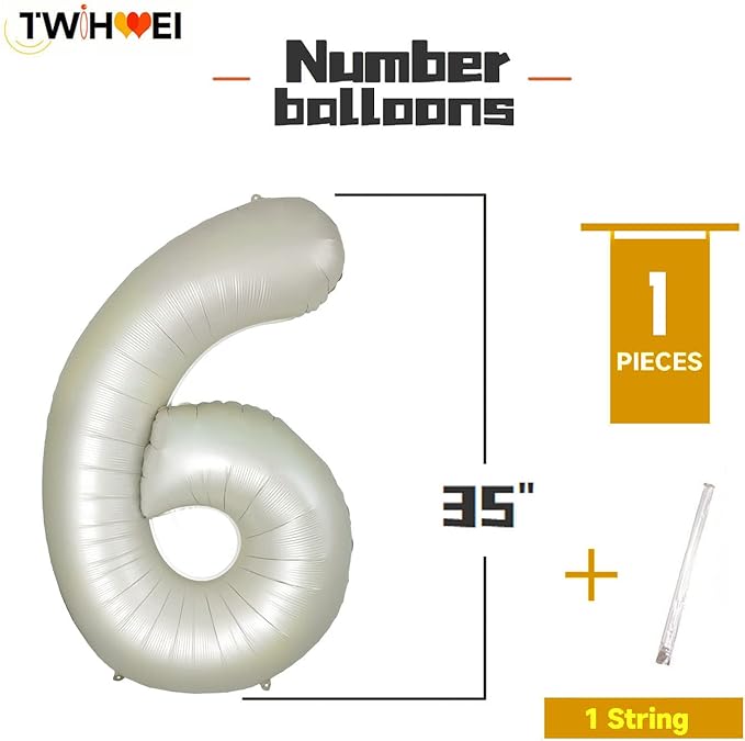 Number 6 Balloons White Sand Six Balloon for 6 Year Old Birthday Decorations 40 Inches Cream White Large Numbers 6th Birthday Party Nude Ballons Beige 6 Digital Neutral Balloon Pearl White 6