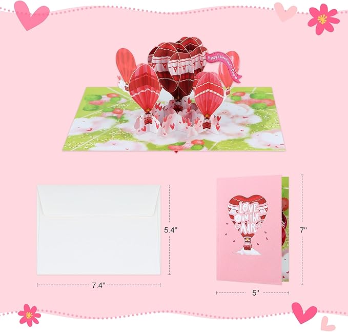 FaCraft Valentines Day Card - 3D Hot Air Balloon Happy Pop Up Valentines Cards with Envelope, Balentines Day Gift for Him Her Wife Husband Boyfriend Adults